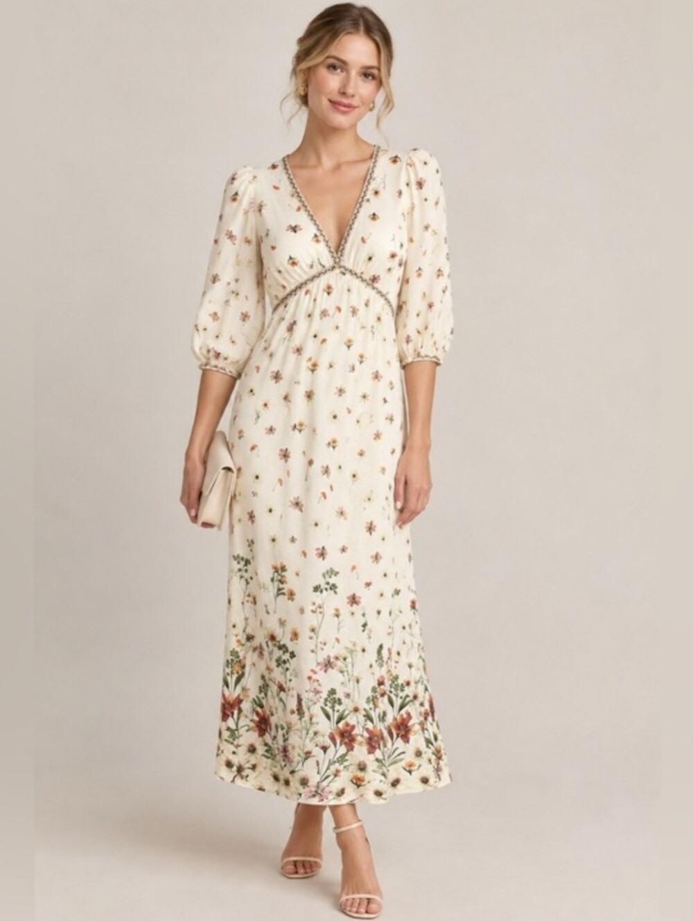 Max Studio floral partial linen blend ivory maxi dress